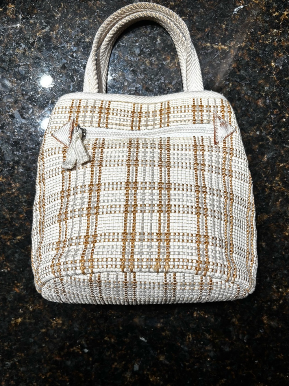 Woven Cream & Brown Plaid Bucket Handbag